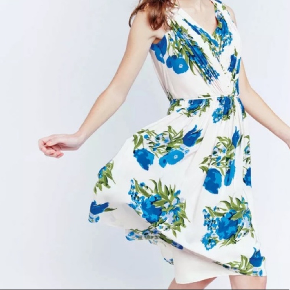 Boden floral midi dress, v neck & pleated, US 8